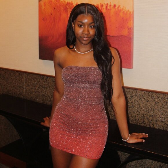 Oh Polly Basel Embellished Strapless Mini Dress in Brown and Red Ombré - Picture 1 of 5